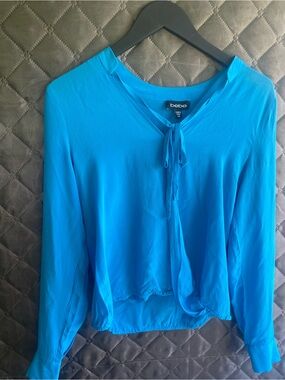 bebe 100% Silk Tie Neck Wrap Blouse Royal Blue Vintage Y2K Long Sleeve Top XS